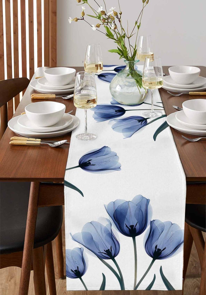 PIEPLE Floral Table Runner-Blue Tulip Cotton Linen-Long 90 inche Dresser Scarves,Flower Rustic Tablerunner for Kitchen Coffee/Dining Table Bedroom Home Living Room,Summer Spring Holiday Dinner Scarf Decor - Image 4